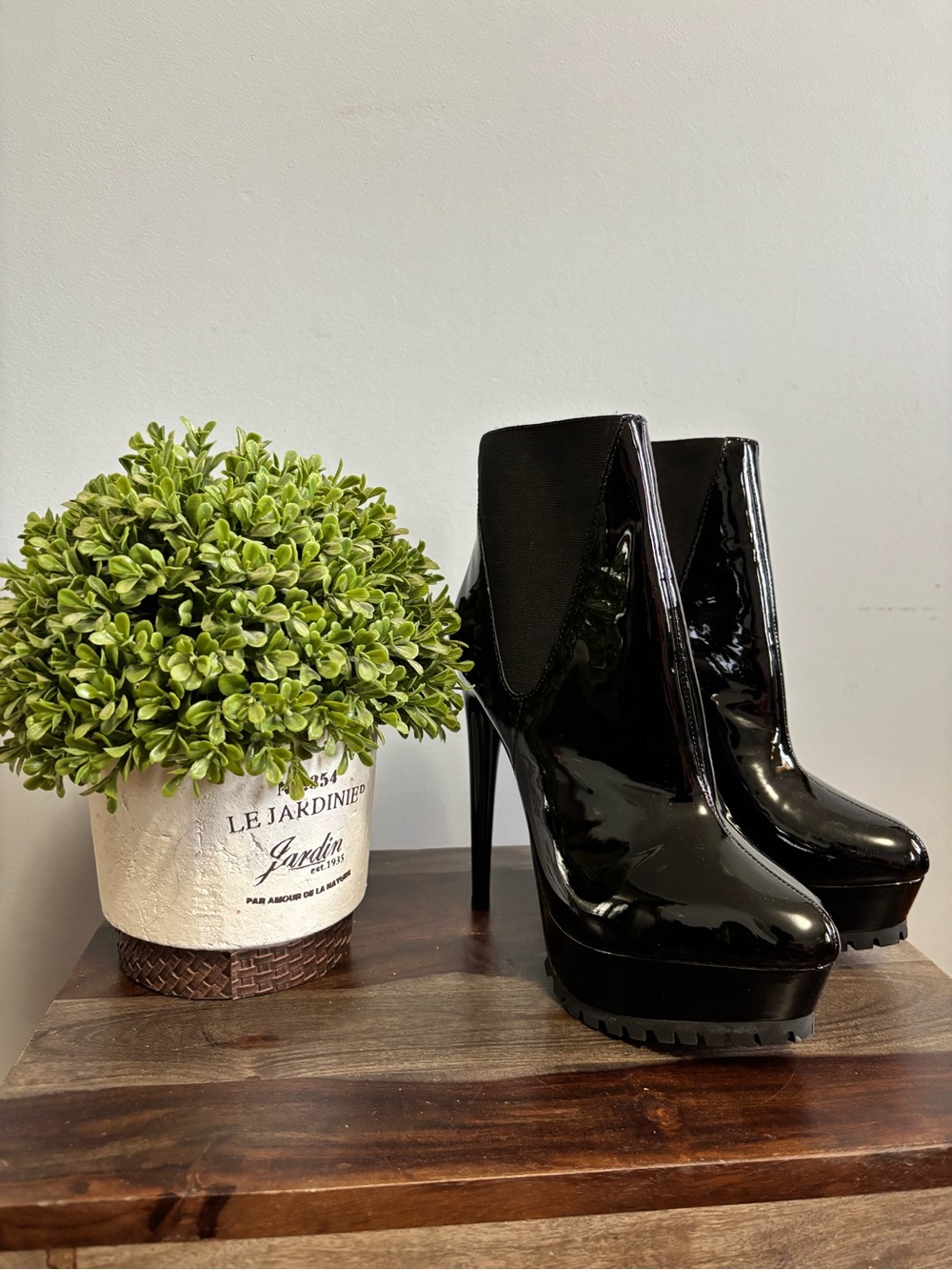bebe Black Patent Platform Stiletto Ankle Boots